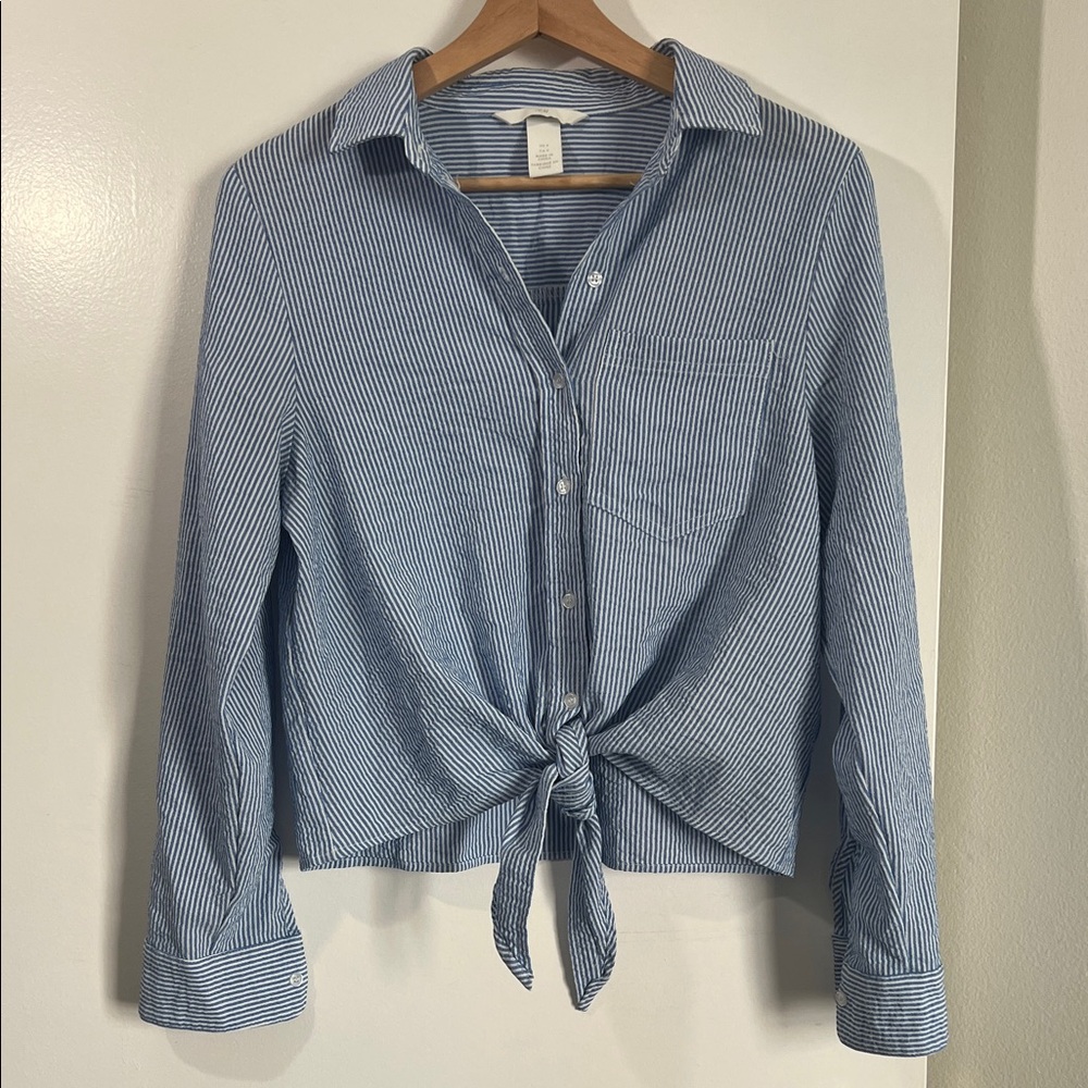 H&M Blue and White Striped Button Down Tie Front Shirt